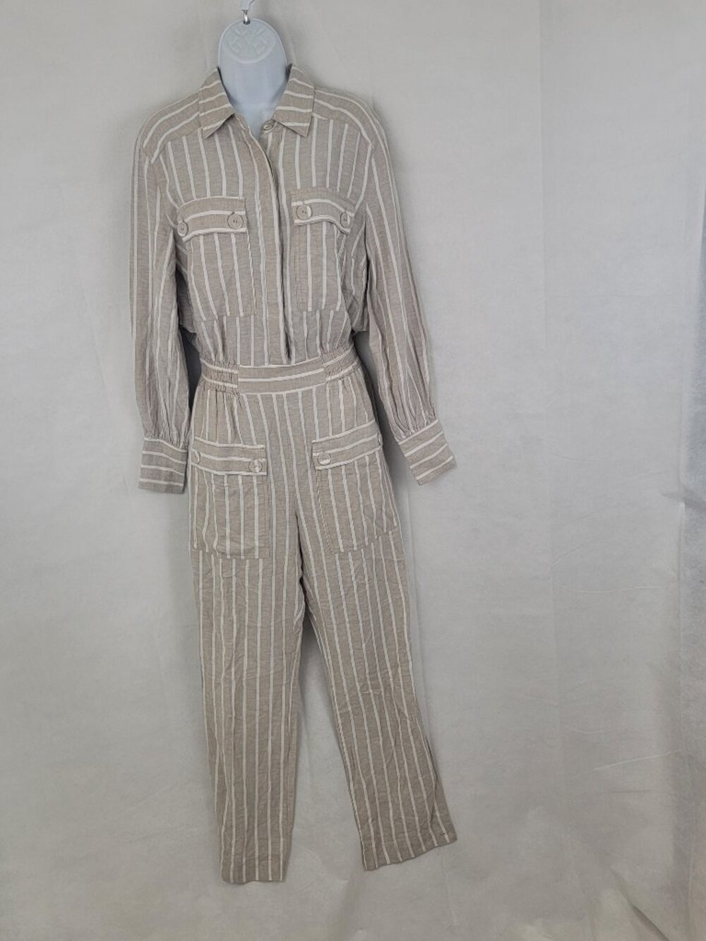 HAPPY X NATURE Womens Jumpsuit Sz XS Beige Striped Beachy Linen Blend Coastal